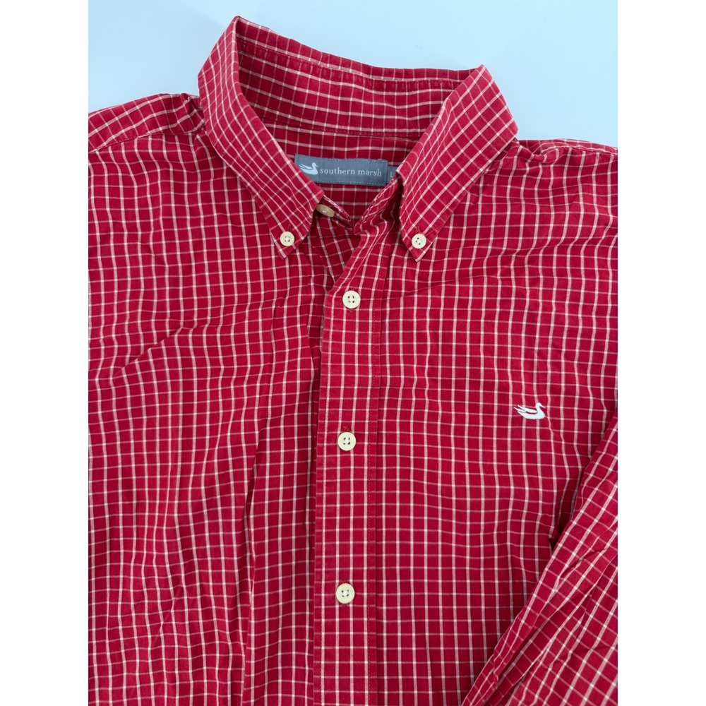 Southern Marsh Mens Large Red White Windowpane Check Button Down Shirt L